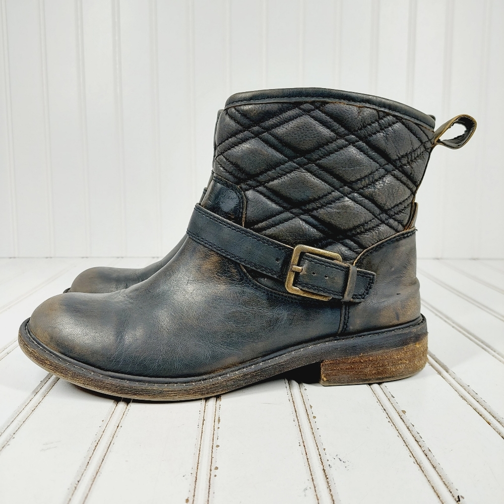 Lucky Brand Distressed Nordic Quilted Black Leather Buckle Ankle Boots bootie